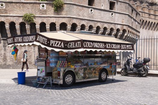 Rome, Italy - June 28, 2010: One of the food trucks, selling soft drinks, ice cream and sweets in Rome, near the Castel Sant'Angelo.