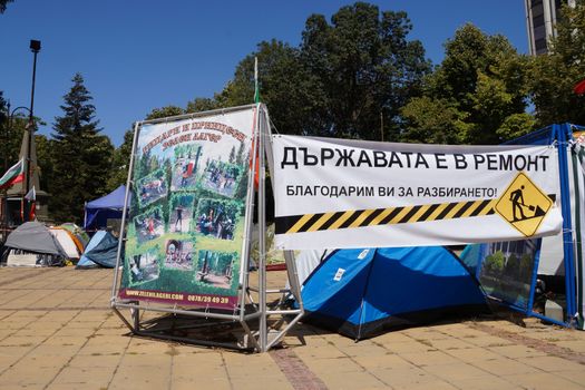 Varna, Bulgaria - September, 07, 2020: Opposition tent camp near the city administration