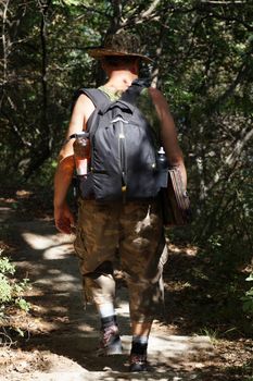 a man with a backpack walks along a forest trail, back view.