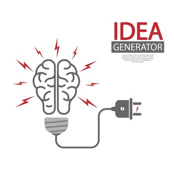 Idea Generator. The human brain and the light bulb. Editable vector illustration for website, booklet, project, and creative design. Stock image isolated on a white background.
