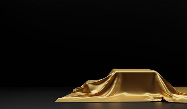 Empty podium covered with gold cloth on black background 3d render