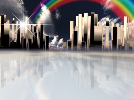 Heavenly city and rainbow. 3D rendering