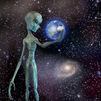 Alien being ponders Earth. 3D rendering