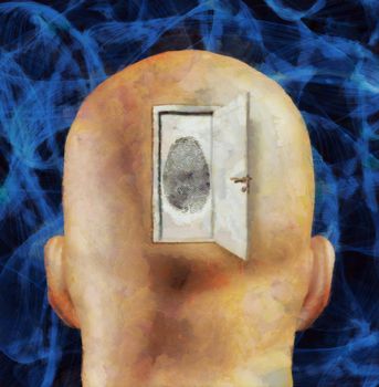 Doorway to Ideantity. Fingerprint in human head. 3D rendering
