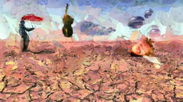 Surreal painting. Man with red umbrella stands in the desert. Upright bass and goldfish. Water drops hovers in the sky. 3D rendering