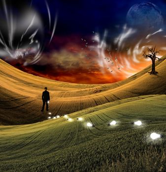 Man with trail of idea bulb. 3D rendering