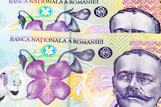 Selective focus on detail of lei banknotes. Close up macro detail of romanian lei banknotes, 100 lei isolated. World money concept, inflation and economy concept