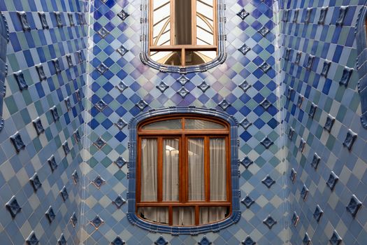 Barcelona, Spain - 30 July 2020: Casa Batllo atrium with inner windows