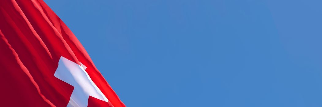 3D rendering of the national flag of Switzerland waving in the wind against a blue sky