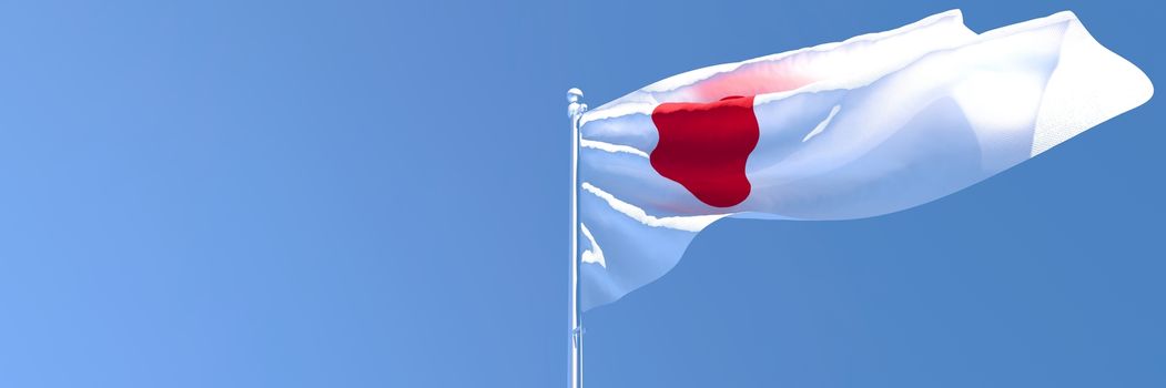 3D rendering of the national flag of Japan waving in the wind against a blue sky