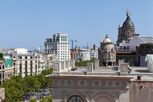 Barcelona, Spain - 30 July 2020: Roofs of Eixample and Passeig de Gracia