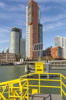 Rotterdam, Netherlands, September 2019: View on the Wilhelminapier with skyscrapers, Landverhuizersplein, Montevideo tower, Rijnhavenbrug and famous hotel New York