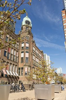 Rotterdam, Wilhelminapier, Netherlands, September 2019: View on the famous Hotel New York at Wilhelminapier