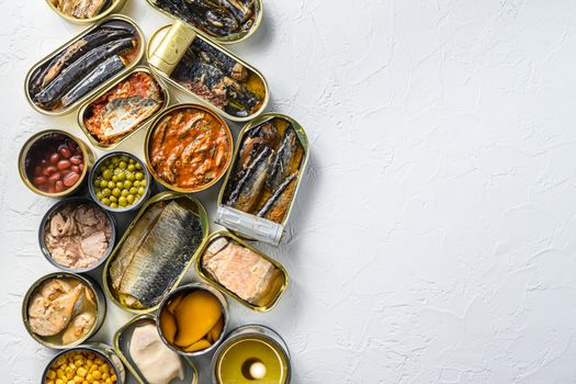 Different canned conserve products in tin cans. Saury, mackerel, sprats, sardines, pilchard, squid, tuna pinapple, corn, peas, mango , beans, over white textured background top view space for text.