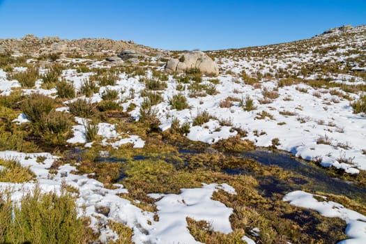 Winter landscape with snow in mountains of Serra do Xures natural park, Galicia, Spain