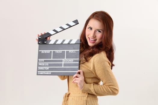 Girl with Movie Slate on the white background