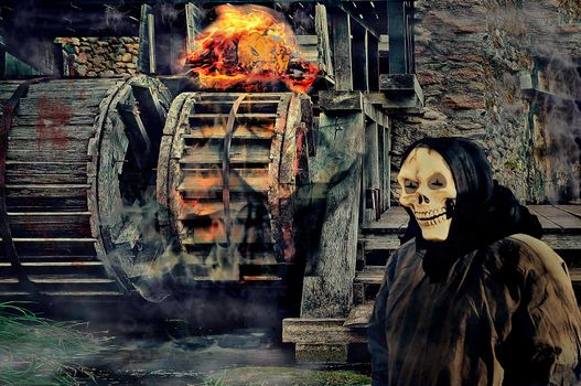 Scary night scene with Grim Reaper and pumpkin at the old abandoned water mill. Halloween concept