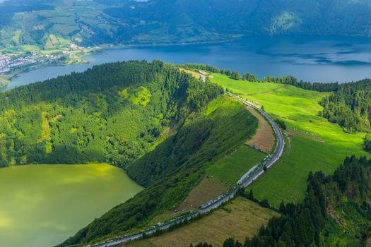Lake of Sete Cidades, a volcanic crater lake on Sao Miguel island, Azores, Portugal. View from Boca do Inferno