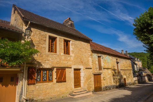 Saint Amand de Coly; Dordogne; France - August 13; 2019: Perigord Noir, Saint Amand de Coly typical houses, labelled Les Plus Beaux Villages de France - The Most Beautiful Villages of France
