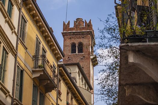 Verona castle tower detail in Piazza delle Erbe, Erbe sqaure in english