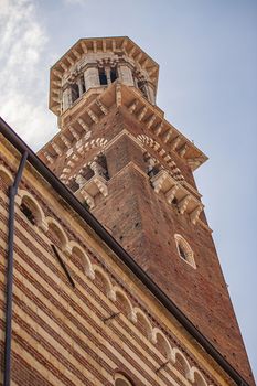 Lamberti tower detail in Verona in Italy during a sunny day