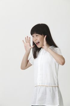 chinese girl screaming on the white background