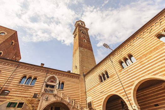 Lamberti tower seen from Piazza dei Signori in Verona in Italy