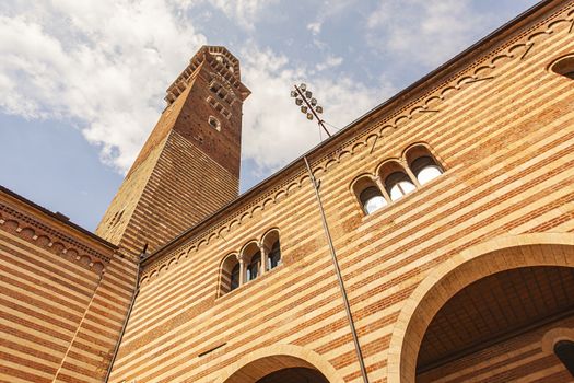 Lamberti tower seen from Piazza dei Signori in Verona in Italy