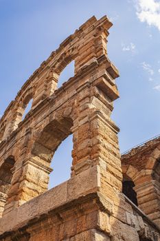 Arena di Verona Detail under a blue sky at sunset time