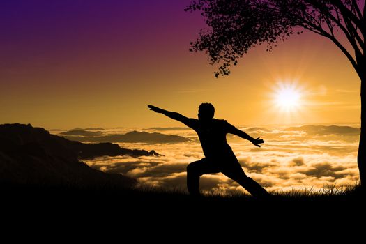 silhouette elderly obese men doing yoga on the mountain