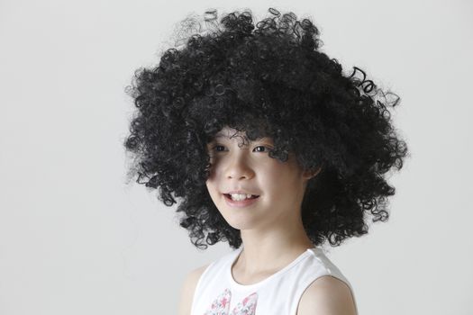 chinese girl wearing a big black wig