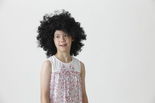 chinese girl wearing a big black wig