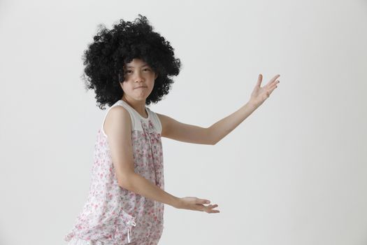 chinese girl wearing a big black wig