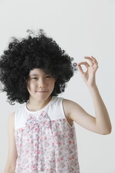 chinese girl wearing a big black wig