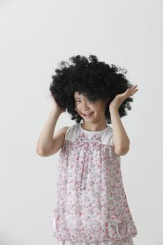 chinese girl wearing a big black wig