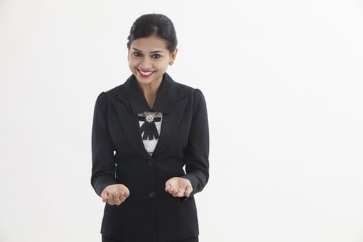 front view businesswoman opening her palm