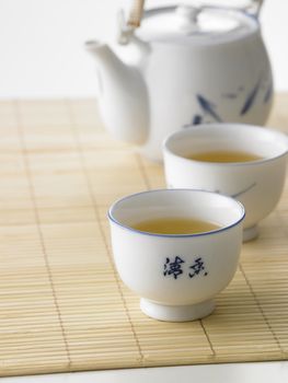 Japanese white tea pot on the bamboo mat