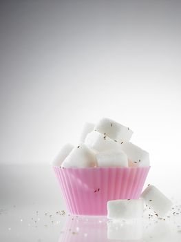 cube sugar in cup cake mold surrounded with ants