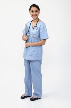 nurse doctor woman smile with stethoscope hold clipboard, wear blue surgery medical suit. Isolated over white background

