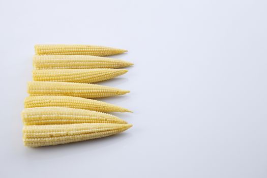 Baby corn on a white background, close-up