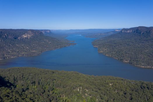 Aerial view of Lake Burragorang fresh water reservoir in New South Wales in Australia