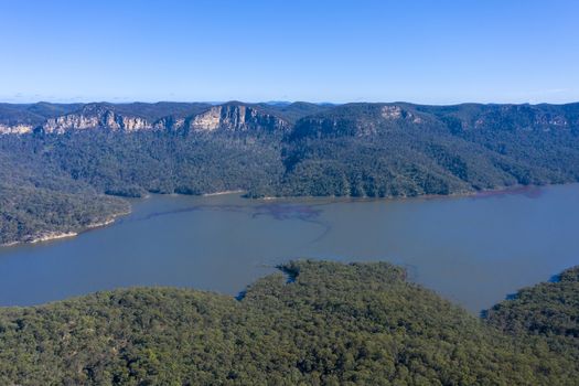 Aerial view of Lake Burragorang fresh water reservoir in New South Wales in Australia
