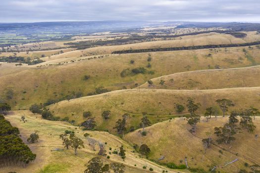 Aerial view of rolling green hills in regional Australia