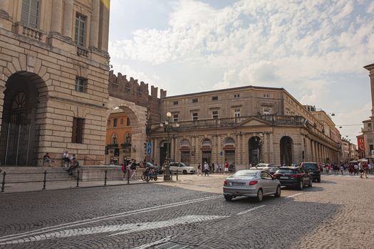 VERONA, ITALY 10 SEPTEMBER 2020: Portoni della Bra, an ancient and medieval door in Bra square in Verona, Italy