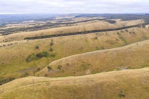 Aerial view of rolling green hills in regional Australia