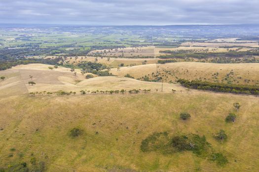 Aerial view of rolling green hills in regional Australia