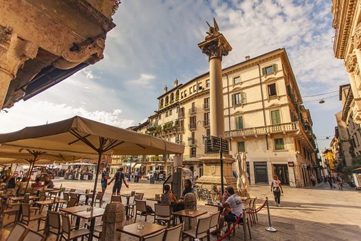 VERONA, ITALY 10 SEPTEMBER 2020: View of Piazza delle Erbe in Verona in Italy