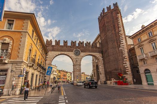 VERONA, ITALY 10 SEPTEMBER 2020: Portoni della Bra, an ancient and medieval door in Bra square in Verona, Italy