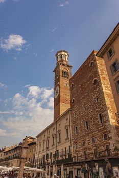 VERONA, ITALY 10 SEPTEMBER 2020: Piazza delle Erbe and Lamberti tower in Verona in Italy