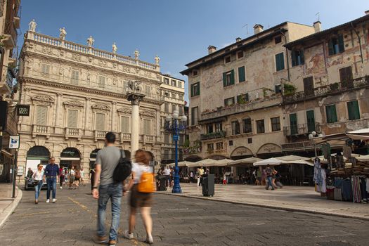VERONA, ITALY 10 SEPTEMBER 2020: Wide angle view of Piazza delle Erbe in Verona in Italy